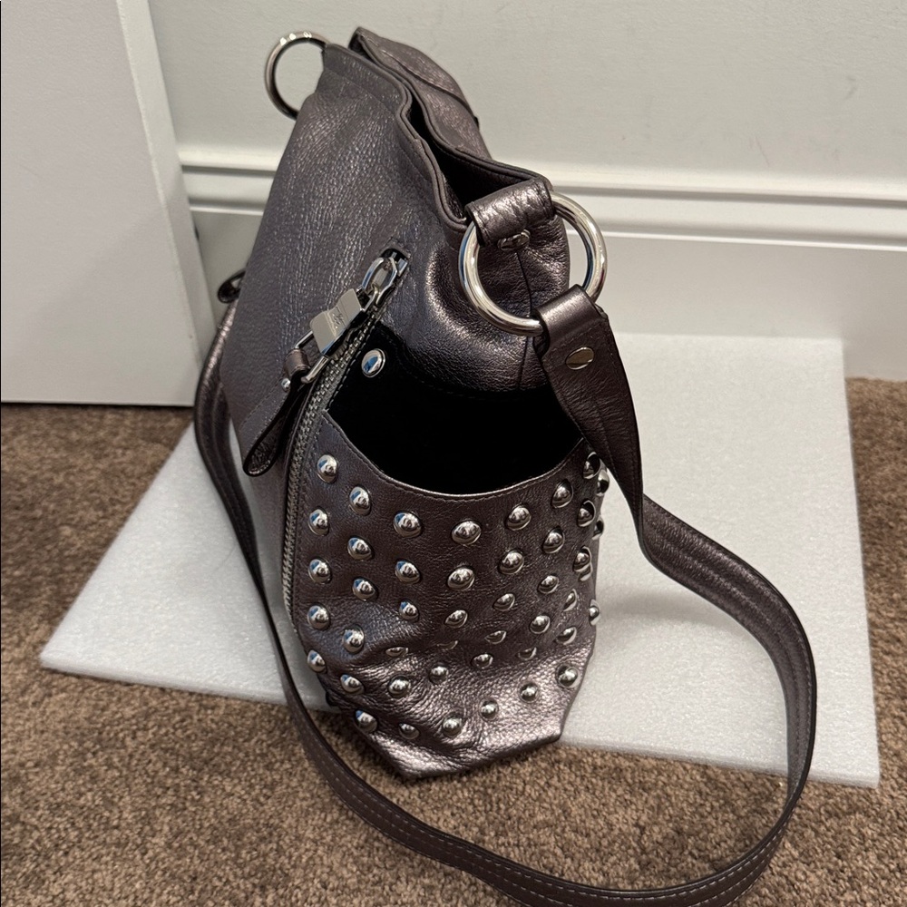 B.Makowsky Studded Metallic Leather Handbag - Picture 2 of 12